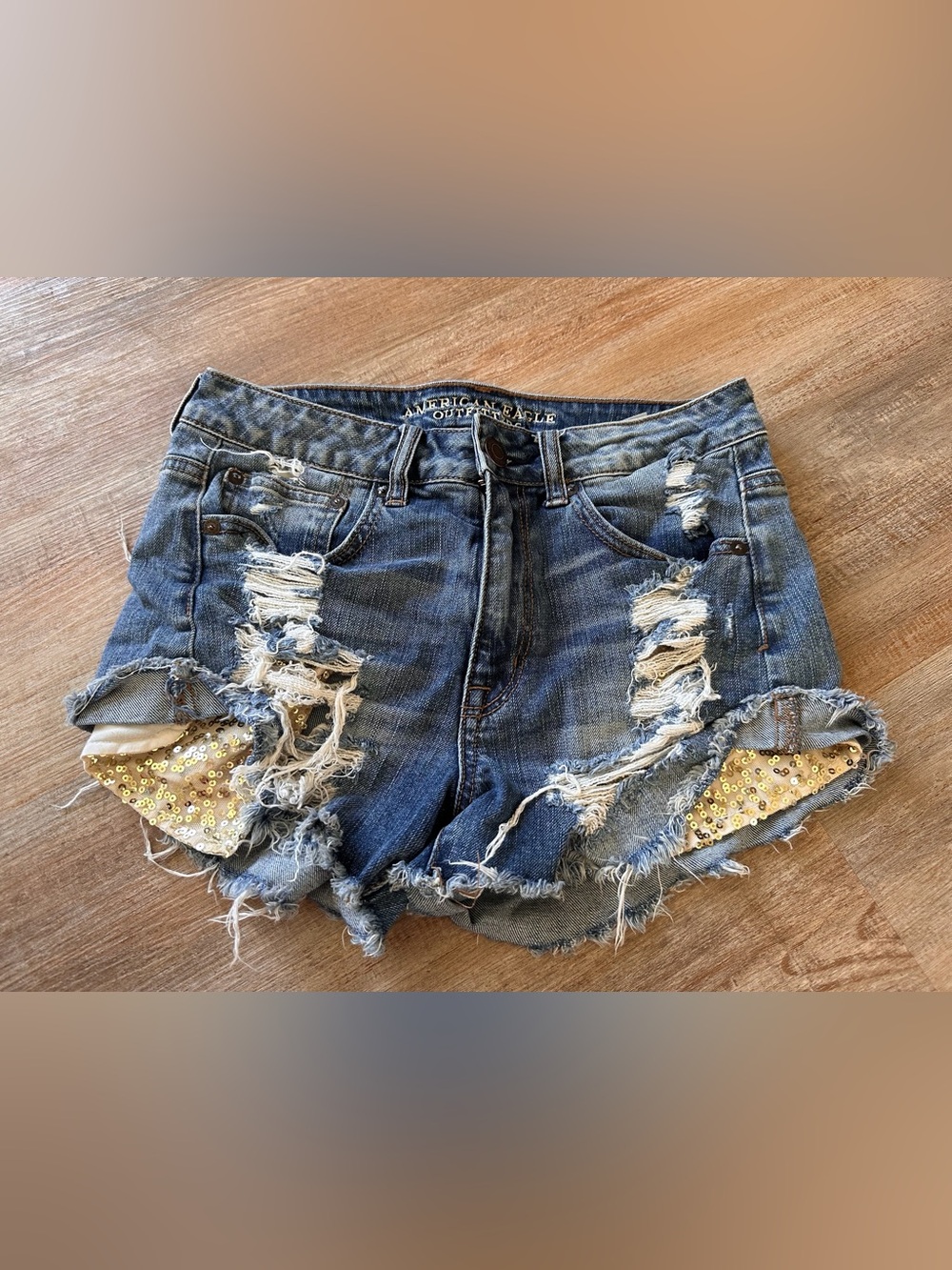 American Eagle Outfitters Distressed Blue Denim Shorts with Sequin Panels